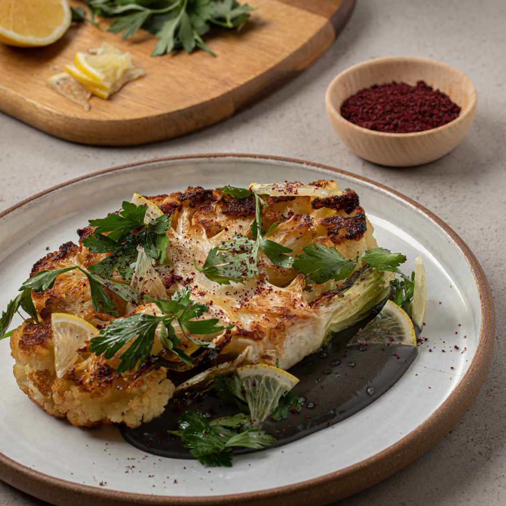 black tahini and truffle cauliflower steak